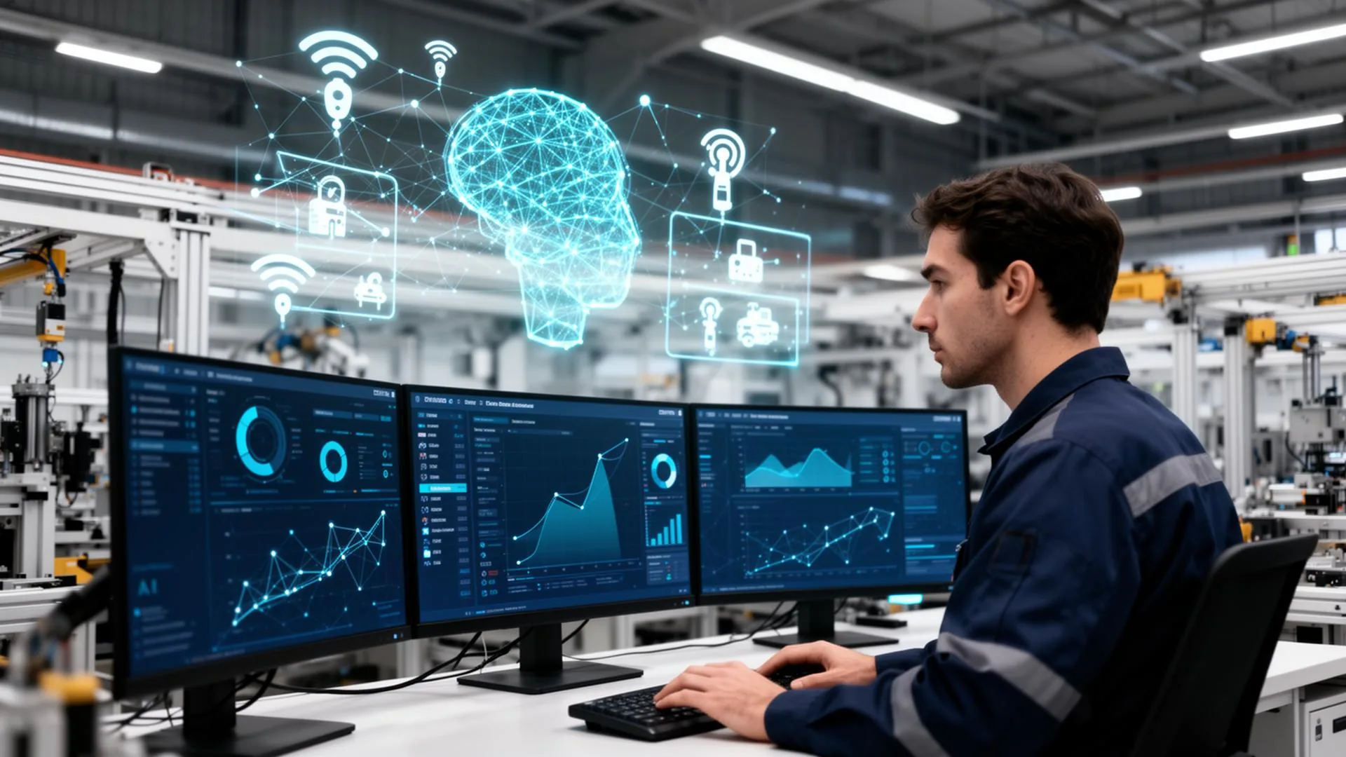 Smart factory with IoT sensors, AI analytics dashboard, and connected industrial systems